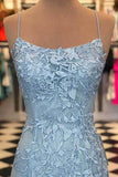 Blue Lace Applique Mermaid Sexy Charming Long Prom Dresses OKE39