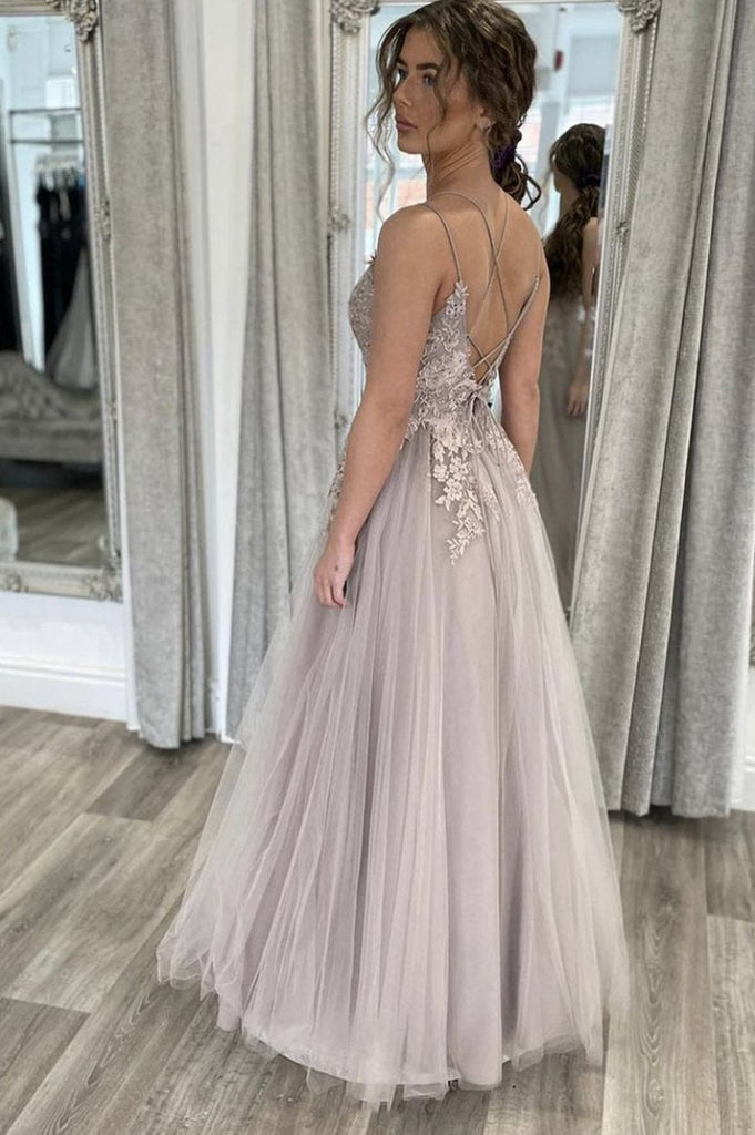 A Line Tulle Lace Appliques Long A line Prom Dress Floor Length Formal Evening Dress OK1310