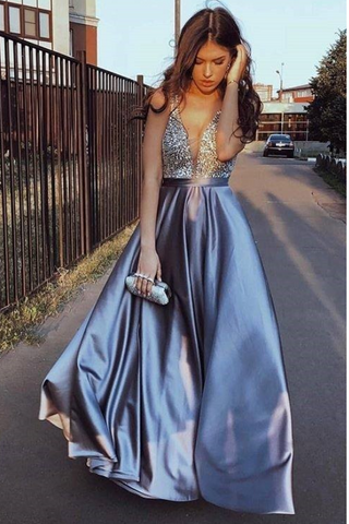 Sexy Blue V-Neck Beaded A Line Prom Dress Formal Evening Dresses OKF95