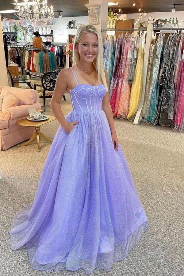 Lavender A Line Spaghetti Straps Long Prom Dresses, Formal Evening Dresses OK1823