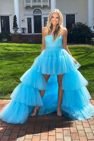Blue A Line Tulle Long High Low Prom Dress Formal Evening Dress OK2012