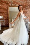 Sweet A-line V Neck Tulle Chapel Train Wedding Gown with Appliques OK1006