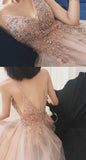 V-neck Long A Line Tulle Prom Dress with Beading Popular Eveing Dress Fashion Winter Formal Dress OK1060