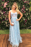 Chic Lace Straps Floor Length Prom Dress A-line Long Blue Evening Dress OKZ85