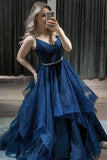 Navy Blue Tulle Long A-line Ball Gown Dress Spaghetti Straps Beaded Formal Evening Dress OKX92
