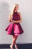 Two Piece A-Line Burgundy Lace Top Homecoming Dresses OKD26