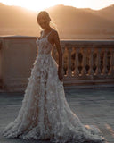 Romantic A-line Scoop Neck Ivory Lace Spaghetti Straps Beach Wedding Dress Bridal Gown OKX38