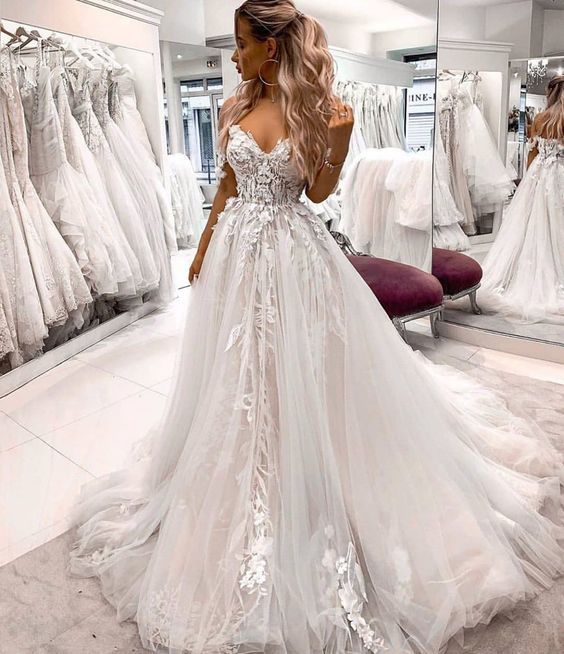 Gorgeous A-line Off the Shoulder Tulle Lace Appliques Boho Wedding Dress OK1010