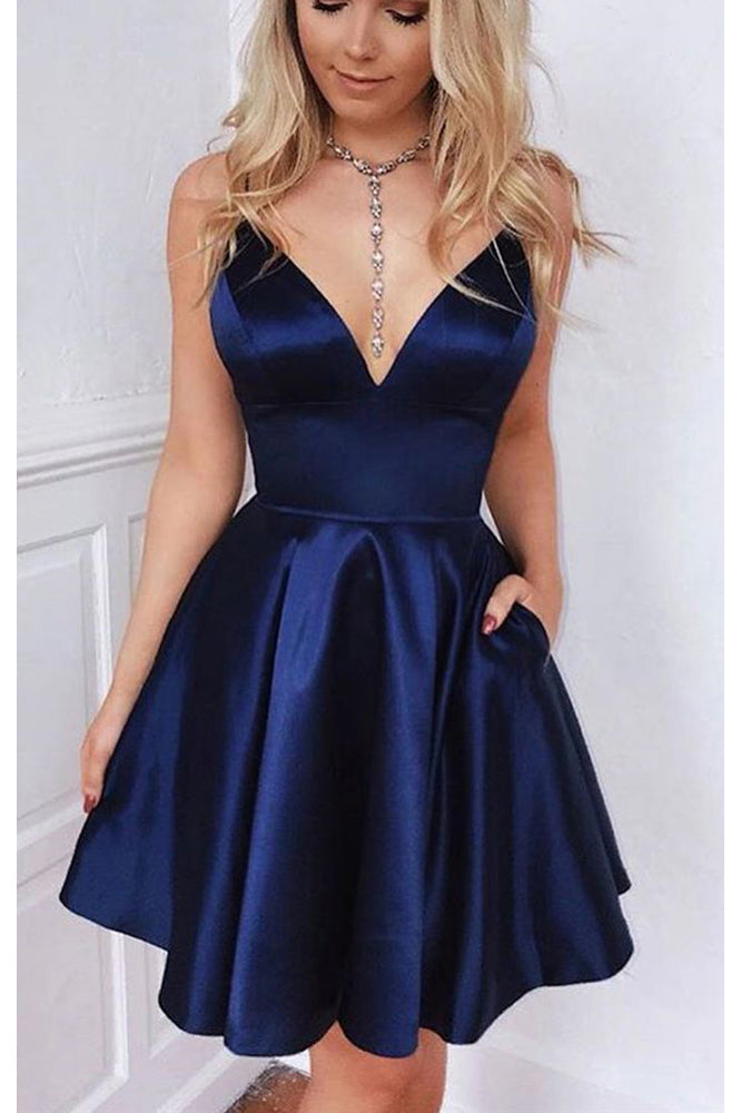 Dark Blue Short A-line Satin Homecoming Dress With Pocket Short Formal Prom Dress OKY74
