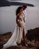 One Shoulder Off White Lace Beach Wedding Dress Simple A Line Slit Bridal Wedding Gown OK1564