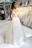 Casual A Line Spaghetti Straps Lace Top Wedding Dress With Pockets OK1087