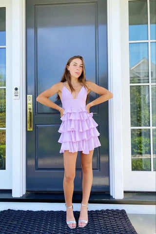 A-line V Neck Light Lavender Short Homecoming Dress Layered Cute Graduation Dress OK1850