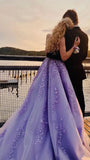 Lavender Applique Tulle Prom Dress Long Evening Dress Formal Gown with Sweep Train OK1121