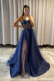 Dark Blue Spaghetti Straps Tulle Long Prom Dresses A Line Evening Party Dresses OK1558