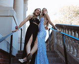 Glitter Mermaid V Neck Cross Back Blue Sequin Prom Dress with Slit OK1036