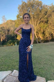 Navy Blue Sequin Long Prom Dresses Mermaid Cross Back Evening Party Dresses OK1939
