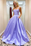 Satin Long A-Line Prom Dress With Pockets Formal Evening Dress OK1239