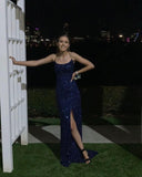 Navy Blue Sequin Long Prom Dresses Mermaid Cross Back Evening Party Dresses OK1939