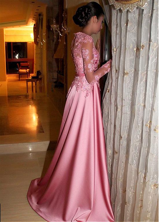 Gorgeous Satin Jewel A-Line Long Sleeves Pink Prom Dress With Lace Appliques OK914