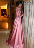 Gorgeous Satin Jewel A-Line Long Sleeves Pink Prom Dress With Lace Appliques OK914