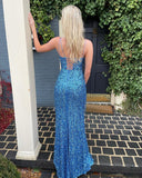 Sparkly Mermaid V Neck Spaghetti Straps Blue Sequins Long Prom Dress with Slit OK1400