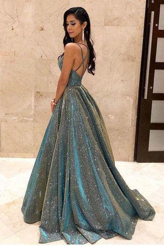 Charming V Neck Sparkly Long Prom Dress with Pockets Cross Back Evening Dress OKQ87