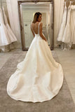 White Deep V Neck Satin Lace Top Long Prom Dress Wedding Dress OKU41