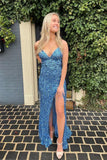 Sparkly Mermaid V Neck Spaghetti Straps Blue Sequins Long Prom Dress with Slit OK1400
