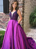Purple A Line Beading V Neck Prom Gowns With Pockets Cheap Formal Evening Dress OKI65