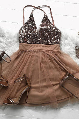 Sparkly Brown Tulle A Line Short Prom Dress,Homecoming Dress School Party Dress OKO74