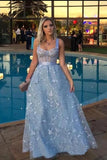 Chic Lace Straps Floor Length Prom Dress A-line Long Blue Evening Dress OKZ85