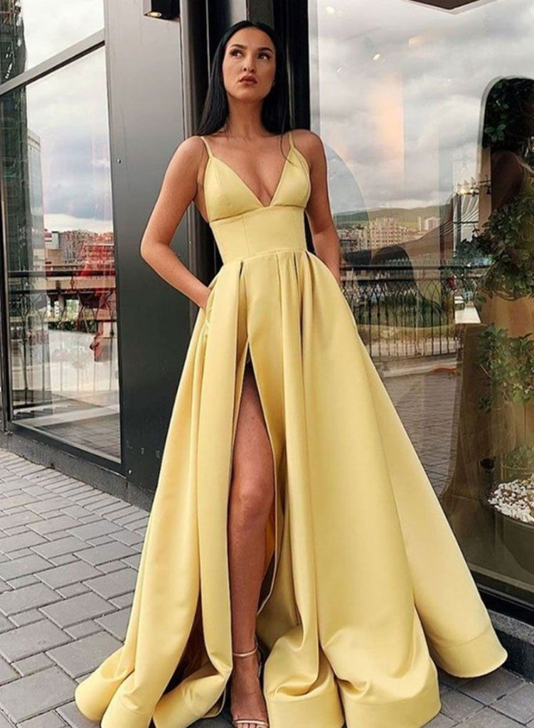 Charming A Line Spaghetti Straps Yellow Prom Dress with Front Slit OKQ86