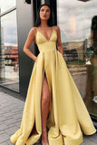 Charming A Line Spaghetti Straps Yellow Prom Dress with Split Front OKQ86