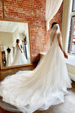 Sweet A-line V Neck Tulle Chapel Train Wedding Gown with Appliques OK1006