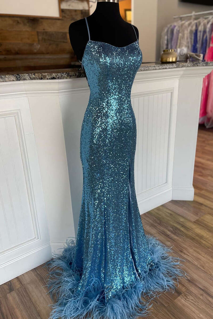 Ice Blue Sequined Criss Cross Mermaid Spaghetti Straps Long Prom Dress OK1527