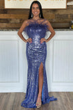 Sequin Feather Strapless Long Formal Evening Gown with Slit Prom Dress OK1892