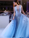 Sky Blue Tulle Sleeveless Scoop Applique Long Prom Dress OK1304