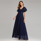 A Line Chiffon Short Sleeves Long V Neck Prom Dress XU90812