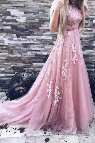 A Line Court Train Backless Pink Tulle Prom Dresses with Lace Appliques OKE41
