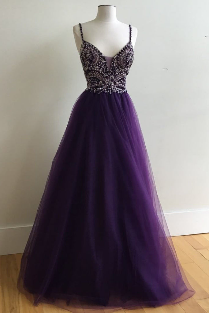 Purple A-Line Ball Gown Spaghetti Straps Tulle Long Prom Dresses with Beading OK155