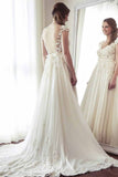 A-Line V Neck Lace Appliqued Cap Sleeves Ivory Long Wedding Dresses OKC72
