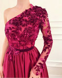 Burgundy A Line Applique Long Sleeves One Shoulder Prom Dresses With Slit OKH61