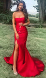 Strapless Mermaid Satin Long Red Prom Dress With Slit OK1029