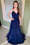 Unique A Line Spaghetti Straps Dark Blue Tulle Long Prom Dress OKJ38