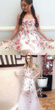 A-Line Sweetheart Long White Tulle Prom Dresses with Floral Appliques OKF73
