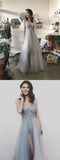 A-Line V Neck Long Grey Tulle Split Prom Party Dresses with Sequins OKF70