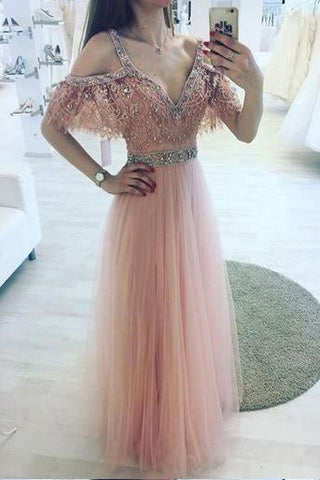 A-Line V-Neck Off Shoulder Pink Tulle Long Prom Dresses with Beading OKF30