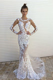 Long Sleeve Lace Mermaid Prom Dresses,Sexy See-through Cheap Long Wedding Dress OKE37