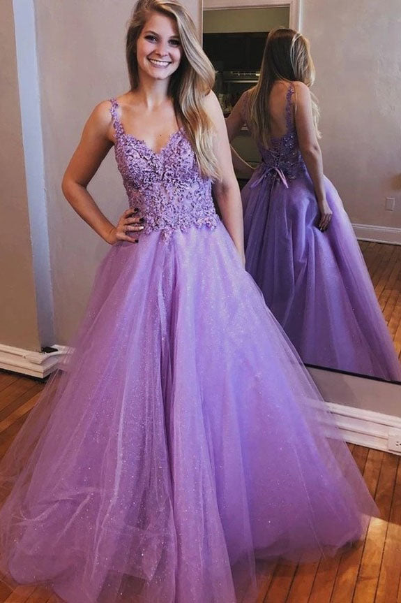 Purple A-line Tulle Appliques Lace Up Back Prom Dress Formal Evening Dress OKT76