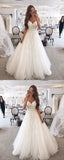 Elegant A-Line Spaghetti Straps Long Tulle Wedding Dresses with Appliques OKF1